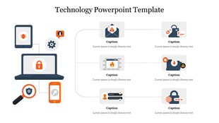 Slide showing a laptop and mobile devices with orange accents, linked to six technology related icons and captions.