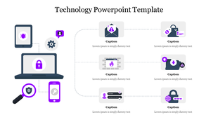 Technology PowerPoint template with purple accented security icons including a laptop, lock, magnifier, and captions.