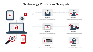 Technology template featuring digital devices and security elements, linked to six caption boxes with cybersecurity icons.