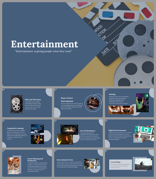 Entertainment PPT slides covering film, gaming, music, and live performances with a modern design.