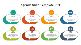 Agenda slide with eight colorful speech bubble shapes numbered 01 to 08, each containing color descriptions and meanings.