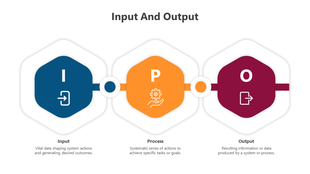 Infographic showcasing the relationship between input, process, and output with corresponding icons and descriptions.