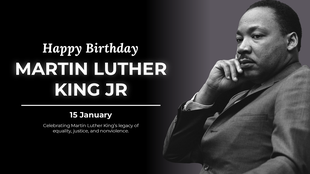 Martin Luther King Jr. birthday tribute with a monochrome portrait, bold text, and a sleek design on a dark background.