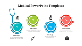 Four circular icons in blue, green, teal, and red, each labeled with medical icons and captions.