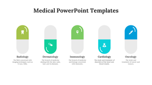 A medical template with icons representing fields such as radiology, dermatology, immunology, and oncology.