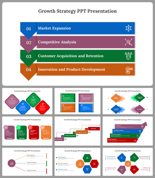 Growth strategy slides with a colorful multi step layout featuring stages with icons and text. 