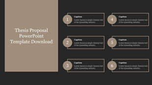 Thesis proposal template with a minimalist layout, featuring six numbered captions on a black background.