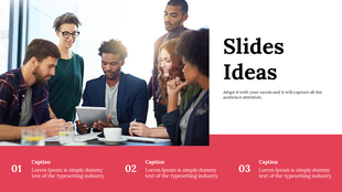 Creative team discussion slide with photo on top, bold black title text, and three-step caption section in red at the bottom.
