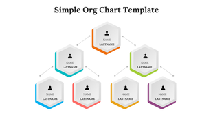 Simple org chart design in a triangle featuring person icons within multi colour hexagonal shapes.