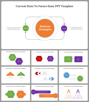 Comparing current and future business strategies slides featuring diagrams layouts and sections for analysis and planning.