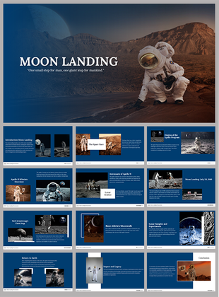 A pack of moon landing slides covering various related topics with text descriptions on a blue theme with astronaut images.