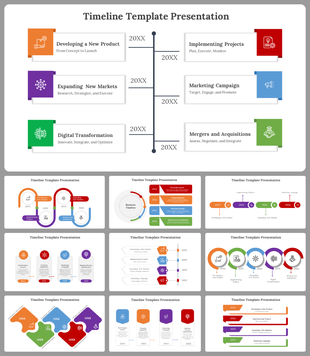 Timeline PPT slides with multiple sections for projects, marketing campaigns, digital transformation, etc with icons.