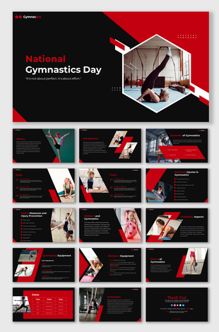 National gymnastic day slides featuring black and red design with geometric shapes, showcasing images in a striking layout.