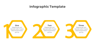 Infographic PPT template with three numbered hexagons one, two, and three each containing a text description.
