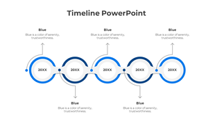 Timeline slide with a sequence of five connected blue and white circles, each labeled 20XX and paired with captions.