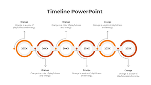 A timeline PowerPoint template featuring six orange circles for different years with descriptions.