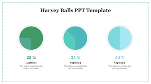 Harvey balls template with three circular charts in green, teal, and blue shades, labeled with percentages and captions.