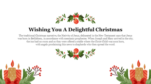 Christmas themed PowerPoint slide with a festive message and candle decorations on both sides on a white backdrop.