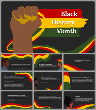 Slide deck themed for black history month, featuring bold colors, diverse illustrations, and educational content.