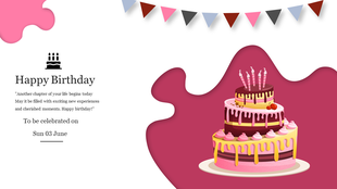 Three tiered birthday cake with pink icing and candles on a maroon overlay, with colorful flags hanging at the top.