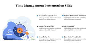 Stopwatch illustration with a person interacting on a scenic blue background, paired with six bullet points on the right.