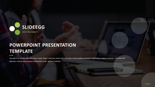 Slide displaying logo, title template, and a description, with blurred office people working in the background.