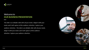 Business slide with a black background, featuring green highlighted text and three circular images depicting work scenarios.