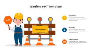 Construction barrier PowerPoint template with a worker holding a stop sign with road safety elements and icons.
