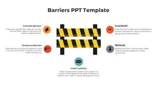 Central striped barrier graphic with icons for different types of barriers, including guardrails and bollards.