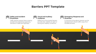 Slide with yellow and black road stripes, featuring three orange barriers, with icons and descriptive text boxes.