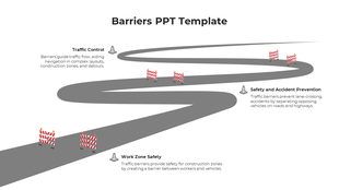 Barriers PPT slide showcasing traffic control, accident prevention, and work zone safety with barrier examples.