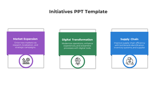 Three colored boxes in purple, green, and blue with icons and text, arranged horizontally on a white background.