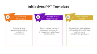 Colorful infographic slide showcasing three key initiatives with numbered banners and descriptions on a white backdrop.