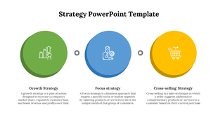 Slide showcasing three business strategies with icons inside green, blue, and yellow circular designs with caption area.