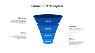 Blue funnel diagram with four stacked steps labeled Step 01 to Step 04, each linked to captions from attention to action.