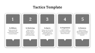 Tactics template with five gray rectangular shapes, each containing a number and label, aligned in a row.