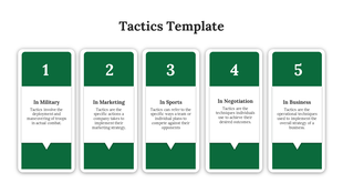 Tactics graphic with five rectangular cards in green and white, each labeled with a number and tactic domain from 1 to 5.