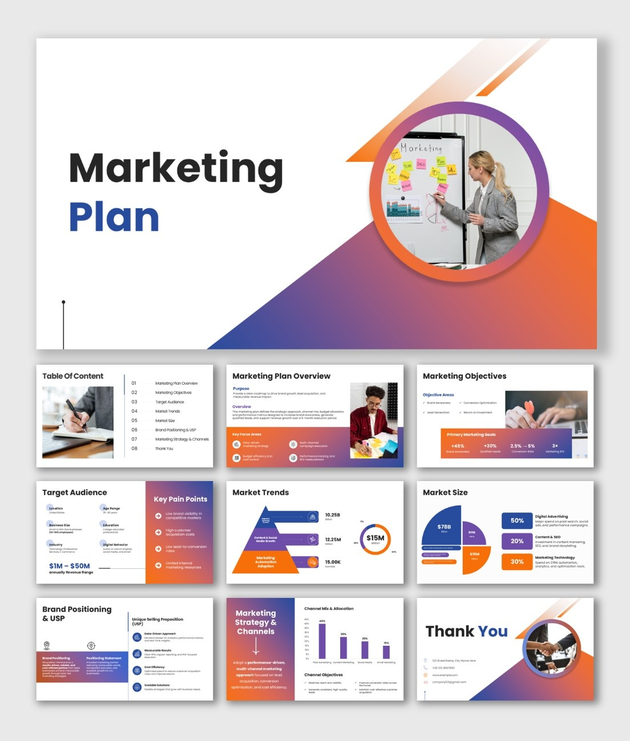 A marketing plan slide laying out channels, goals, and tactics for reaching customers.