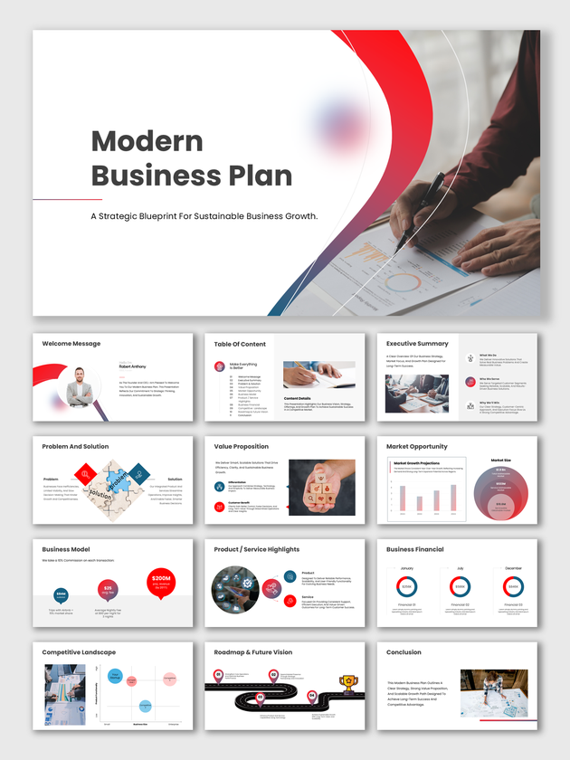 A modern business plan PowerPoint template with the nine standard sections laid out across a clean slide deck.