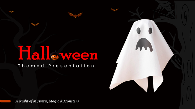 A Halloween-themed PowerPoint cover slide with a single strong visual and clean typography