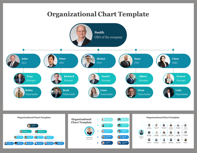 An organizational hierarchy chart slide showing reporting lines between roles.
