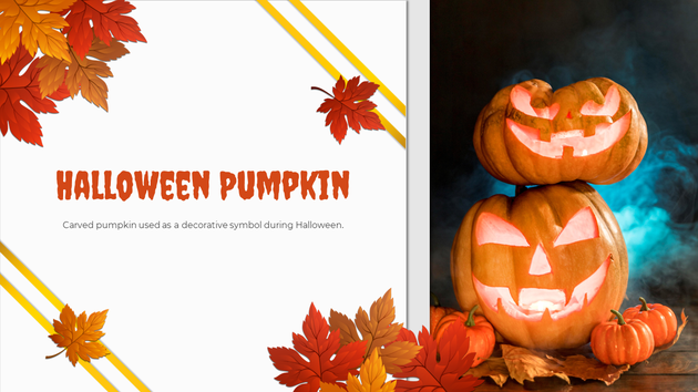 A bright, friendly Halloween PowerPoint cover slide with a cartoon pumpkin, suited to a classroom mood