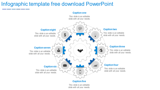 Infographic template with interconnected gears and eight captions, each accompanied by an icon, arranged around a graphic.