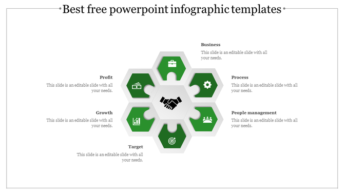 Hexagonal infographic template with green icons representing business, growth, and processes.