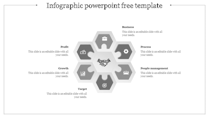 Hexagonal infographic with a handshake icon, six surrounding business-related icons, and text placeholders on both sides.