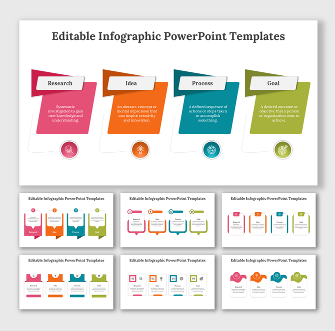 Slide pack with colorful research, idea, process, and goal sections shown in different layouts and designs.