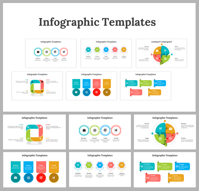 Slide deck featuring a collection of six infographic templates, each with unique designs and icons, arranged in a grid.