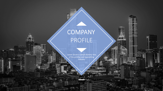 Company profile slide with a blue diamond shaped overlay centered on a black and white city skyline background.