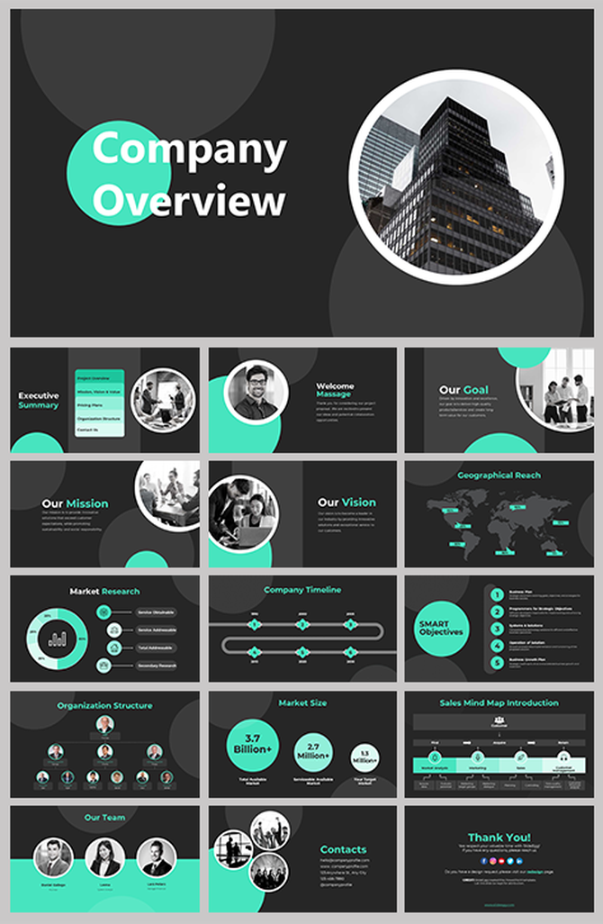 Slide pack with black and green accents, showing company informations of geographical reach, market research, and timeline.