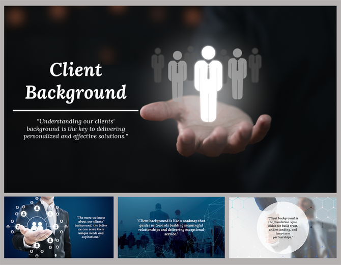 Client background slide deck with a dark theme, using visuals of human figures to represent personalized client solutions.